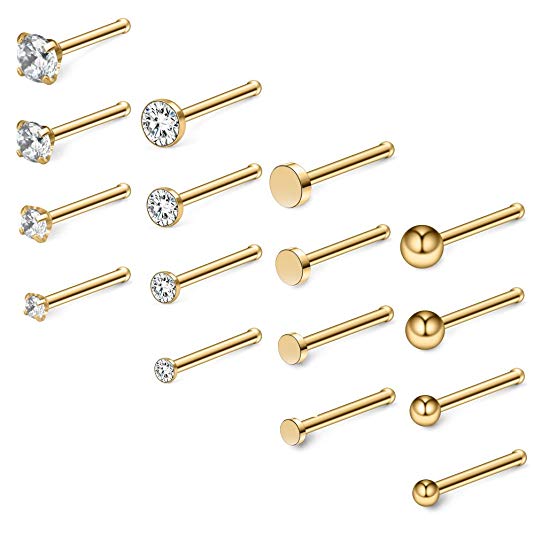 Ruifan 20G 18G Surgical Steel 1.5mm-3mm Flat Ball Clear Diamond CZ Nose Stud Rings Bone Pin Piercing Jewelry 16PCS