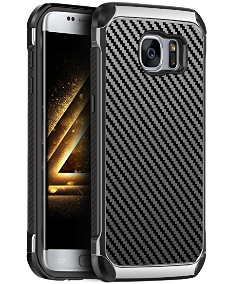 Galaxy S7 Edge Case, S7 Edge Case, BENTOBEN Dual Layer Hybrid Hard PC Soft TPU Bumper Carbon Fiber Texture Chrome Anti-scratch Shockproof Protective Case for Samsung Galaxy S7 Edge, Gray Black