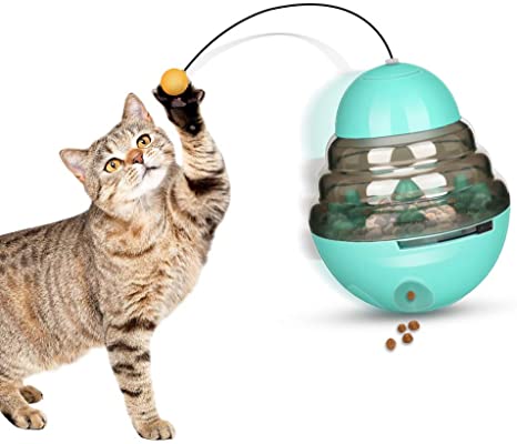 yidenguk Cat Treat Ball, Tumbler Shaped Cat Food Ball with Teaser Wand Interactive Cat Treat Dispenser Toy Exercise Thinking Improve Intelligence IQ Food Toys Ball