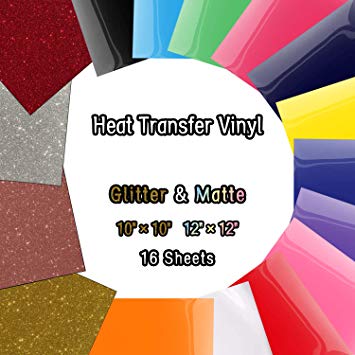 Heat Transfer Vinyl Sheets, Glitter HTV Vinyl Bundle Iron on for T Shirts, Fabric, Clothing - 12" x 12" - 16 Pcs for Cricut, Silhouette Cameo and Other Cutter Machines