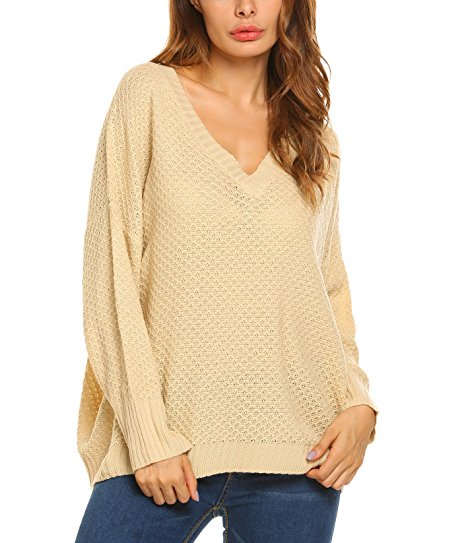 Aceshin Women's Oversized Long Sleeve Blouse Casual V Neck Knit Pullover Sweater Tops