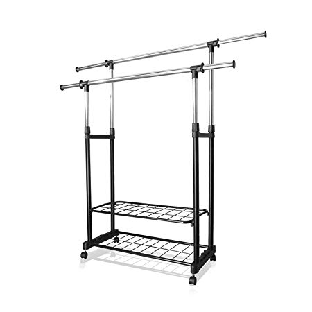 Telaero Adjustable Garment Rolling Rack Double Rods Collapsible Clothing Rack with 2 Shelves