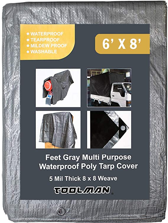 Toolman 6 x 8 Feet Gray Multi Purpose Waterproof Poly Tarp Cover 5 Mil Thick 8 x 8 Weave QTHT001A