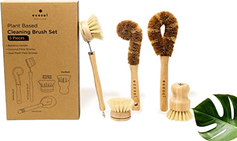 Ecozoi Bamboo Dish Brush Set, 5 Piece for Vegetable, and Kitchen Dish Cleaning, Sisal & Coconut Fibers with Bamboo Handles, Kitchen Brushes for Dishes, Pots, Pans