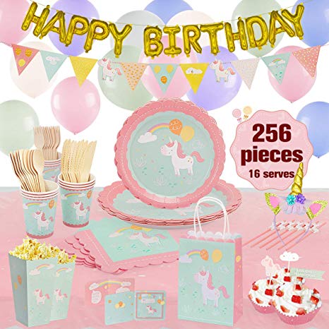 Unicorn Birthday Party Supplies Set And Decorations,256Pcs,Serves 16,Riscawin Birthday Party Supplies Set For Girls With Paper Plates,Paper Cups,Balloons, Utensils