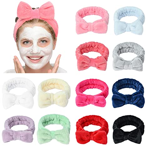 12 Pack Bow Hair Bands Spa Headband Soft Coral Fleece Makeup Headband Solid Color Soft Headband Elastic Hair Band for Women Washing Face Shower Spa