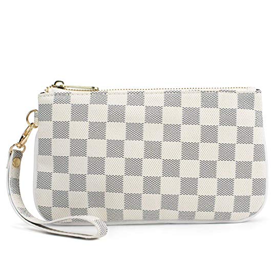Checkered Zip Wristlet Wallet for women Leather RFID Blocking Purse