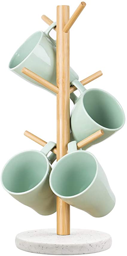 TOPSKY Resin Mug Holder Cup Holder Tree, Bamboo Mug Rack, Jewelry Rack, Organizer for Kitchen, Standing Holder for Coffee Cups with 6 Hooks