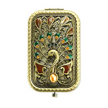 Ivenf Antique Vintage Square Compact Purse Mirror Wedding / Christmas / Birthday Gift, Peacock Spreading Tail, Bronze