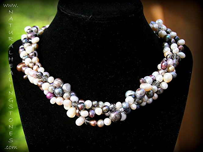 Genuine pearl necklace. 6 feet of natural pearls, all shapes and cool tone colors, with silver swarovski crystals. ONE OF A KIND JEWELRY FOR THE MEDITATIVE SPIRIT