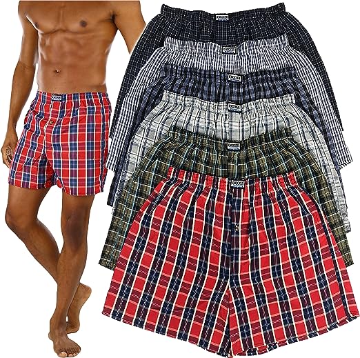 ToBeInStyle Men's Pack of 3 or 6 Button Fly Loose Fit Tartan Plaid Boxer Shorts