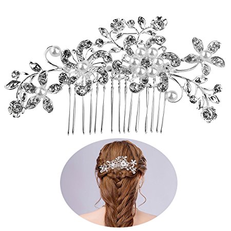 FENICAL Bridal Hair Pieces Tiara Hair Pins Women's Crystal Rhinestones Pearls Decor Flower Style Hair Comb Clip