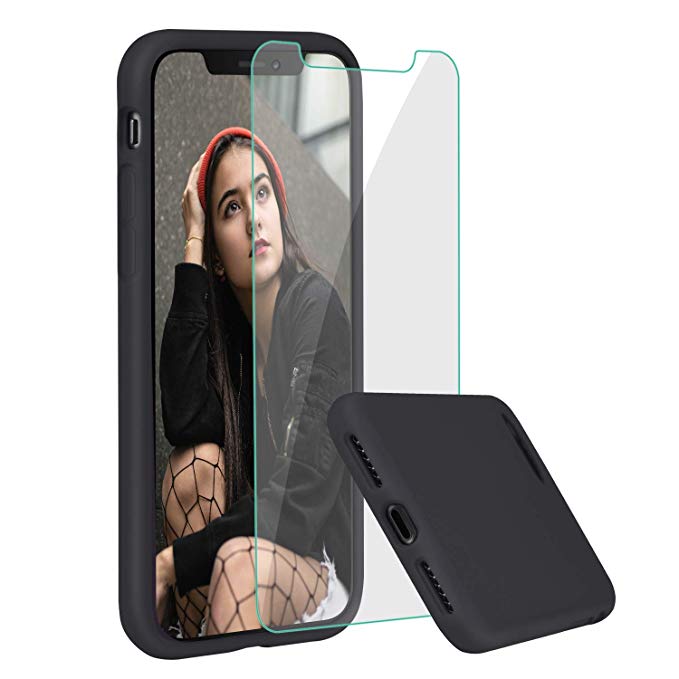 Case for iPhone X/XS, ProBien Liquid Silicone Full Protective Cover with Free Tempered Screen Protector Shockproof Durable Shell Compatible for iPhone X/iPhone Xs 5.8 Inch 2018 Released-Black