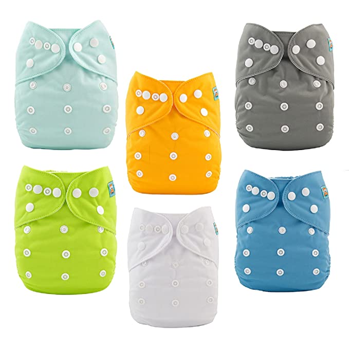 Alva Baby Double Rrows of Snaps 6pcs Pack Fitted Pocket Washable Adjustable Cloth Diaper with 2 Inserts Each (Netural Color)6BM98