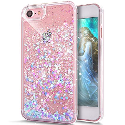 iPhone 8 Plus Case,iPhone 7 Plus Case,ikasus Crystal Clear Hard PC Quicksand Flowing Glitter Floating Bling Glitter Sparkle Love Heart Clear Glitter Case for iPhone 8 Plus / 7 Plus,Blue Pink