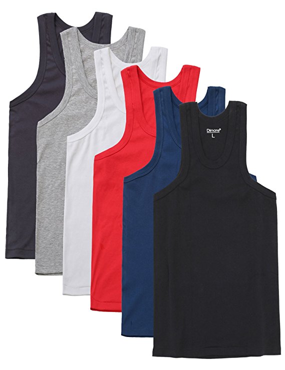 Dimore Men 6 Pack Classic Cotton Stretch Athletic Muscle Sleeveless Shirts Tank Top Undershirt Sport Under Base Layer-Colors May Vary, Large