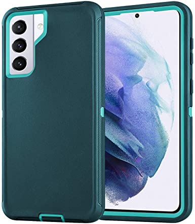 Jijaogara Compatible with Galaxy S21 Defender Case, Heavy Duty Military Grade Full Body Drop Shockproof Dustproof 3-Layers Rugged Protective Cover for Samsung Galaxy S21 6.2" (Atrovirens/Turquoise)
