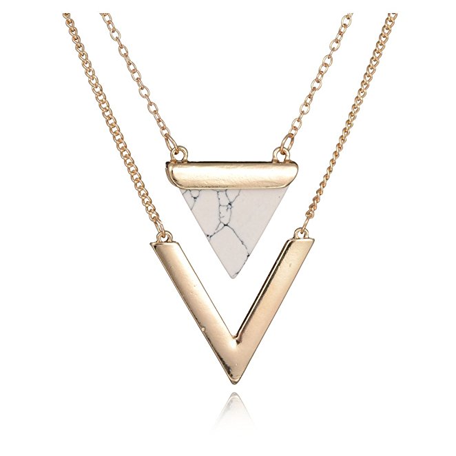 Geerier Golden Metal Chain Marble Accessory Triangle Stone Necklace Round Earrings