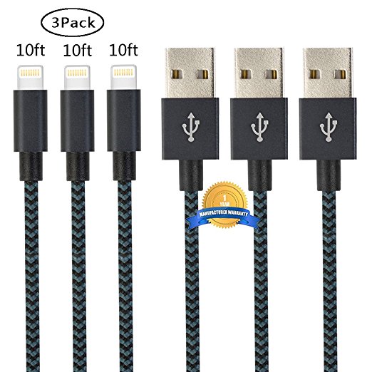 BULESK iPhone Cable 3Pack 10FT Nylon Braided Certified Lightning to USB iPhone Charger Cord for iPhone 7 Plus 6S 6 SE 5S 5C 5, iPad 2 3 4 Mini Air Pro, iPod - NavyBlue