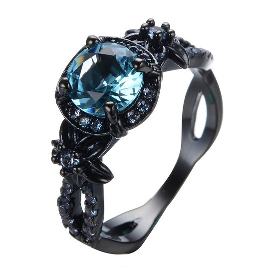 Rongxing® Jewelry Fashion Wedding Rings Blue Crystal Womens Black Gold Ring Size 5-10