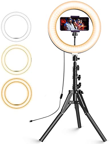 10" Selfie Ring Light with 74" Extendable Tripod Stand & Phone Holder,JUSTSTONE 3 Light Modes Dimmable Led Beauty Camera Circle Light ​for Live Stream,Makeup,YouTube Videos,TikTok,Photography