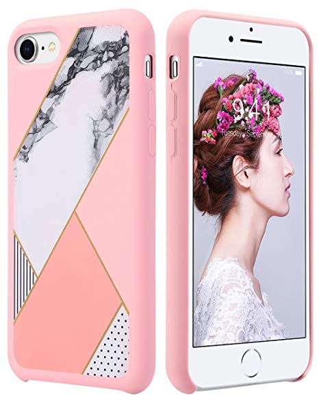 ULAK iPhone 8 Case, iPhone 7 Case, Slim Fit Liquid Rubber & Silicone Protective Shock Absorption Cover with Soft Microfiber Cloth Lining Cushion for Apple iPhone 8 4.7 Inch, Pink Marble