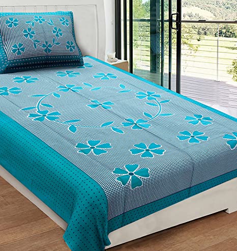 RajasthaniKart Pure Cotton 144 TC Single Size Bed Sheet with 1 Pillow Cover - Bedsheet for Single Bed (Green, Single Bedsheets Cotton,154)