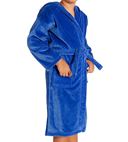 Boys and Girls Kids Hooded Terry Velour Turkish Bathrobe 100% Cotton (Royal Blue, Large)