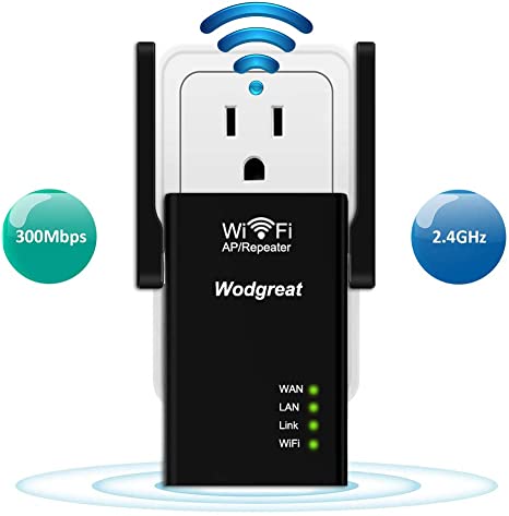 WiFi Range Extender 300 Mbps, Wireless Repeater Router Extender Easy Set-Up Internet Signal Booster, 2.4GHz Amplifier with High Gain Dual Antennas, 2 Ethernet Port, 3 Working Modes, Wall Plug Design