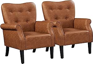 Yaheetech Modern Armchair, Mid Century PU Leather Accent Chair with Sturdy Wood Legs and High Back for Small Space, Upholstered Sofa Club Chair for Living Room/Bedroom, Set of 2, Retro Brown