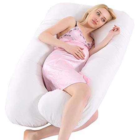 Pregnancy Pillow For Growing Tummy Support Full Body Maternity Pillow with Contoured U-Shape Back Support For Mother With Zipper Removable Cover … (White)