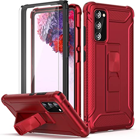 ORETech Designed for Samsung Galaxy S20 FE Case,with [2X Tempered Glass Screen Protectors] Full Body Shockproof Heavy Duty Hard PC Back Soft Rubber Kickstand Case for Samsung S20 FE Cover 6.5" Red