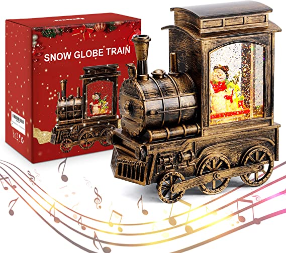 IPOW Christmas Snow Globe Lantern Train with Water Swirling Glitter, Musical and Lighted 6 Hours Timer USB Powered & Battery Operated Music Box for Christmas Home Decoration and Gift, Snowman Scene