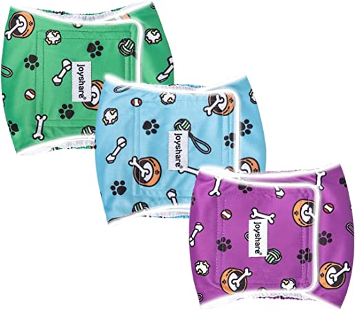 Joyshare Washable Male Dog Diapers with Reflective Strips - Washable Belly Bands, High Absorbency Cartoon Male Dog Wraps (Pack of 3) - Reusable Diapers for Male Dogs Incontinence and Puppy