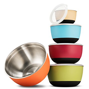 FineDine Multicolor Premium Grade Stainless Steel Mixing Bowl Set With Vacuum Seal lids 5 Piece, Plastic Exterior, Non-Skid Bottom Nesting Storage Bowls for Easy Mixing, ¾, 1 ½, 2 ⅖, 3, and 5 qt Sizes