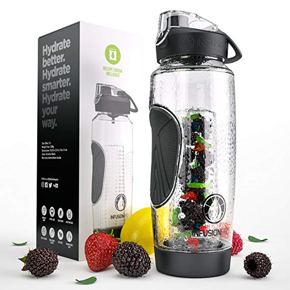 Infusion Pro 32 oz Fruit Infuser Water Bottle With Insulated Sleeve & Fruit Infused Water eBook : Bottom Loading, Large Cage for More Infusing Flavor : Delicious, Healthy Way to Up Your Water Intake