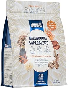 Applied Nutrition Mushroom Superblend - Lions Mane, Reishi, Chaga, Shiitake, Maitake, Tremella, Cordyceps Sinensis, King Trumpet | Vegan & Gluten Free (160g – 40 Servings)