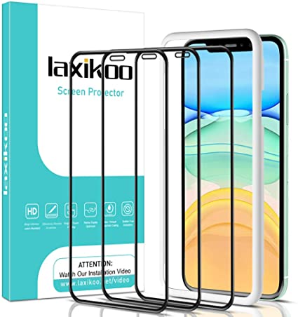 laxikoo Full Coverage Screen Protector for iPhone 11 / iPhone XR, [3 Pack] Anti-Scratch 9H Hardness Tempered Glass With Alignment Frame Bubble Free High Sensitivity Protective Film iPhone 11/XR - 6.1"