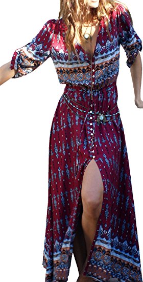 R.Vivimos Women Summer Button Up Floral Print Split Beach Maxi Dresses