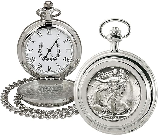 Coin Pocket Watch with Quartz Movement | Silver Walking Liberty Half Dollar | Genuine U.S. Coin | Sweeping Second Hand, Roman Numerals | Silvertone Case | Certificate of Authenticity