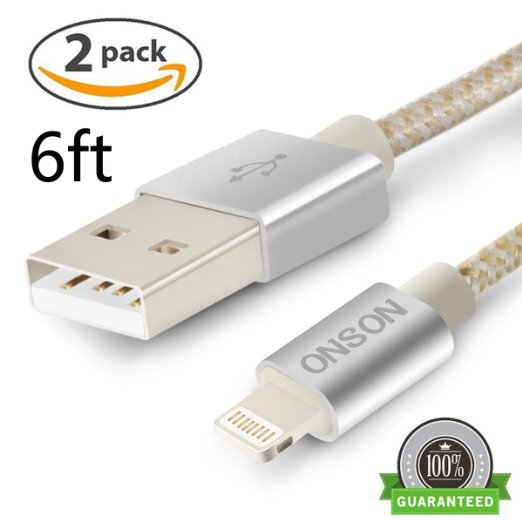 ONSON Lightning Cable,2Pack 6FT Nylon Braided Charging Cable iPhone Cord,Charger and Sync for iPhone 7/7 Plus,6/6S/6 Plus/6S Plus,5/5S/5C/SE,iPad,iPod Nano 7,iPod Touch (Gold Silver)