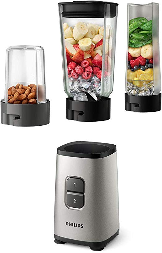 Philips HR2605/81 Daily Collection Mini Blender with On-The-Go Tumbler and Multi Chopper, Plastic, 350 W, Oyster Metallic