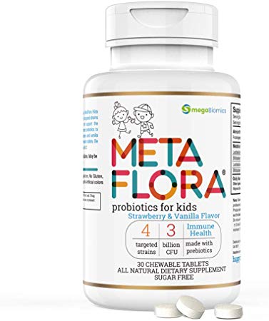 METAFLORA Kids probiotics | 4 Targeted Probiotic Strains | with Prebiotics | Chewable Tablet with Natural Strawberry and Vanilla Flavor, Sugar Free | 30-Day Supply | Better Than Gummies