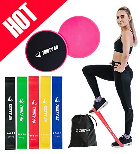 Thirty 48 Gliding Discs Core Sliders and 5 Exercise Resistance Bands | Strength, Stability, and Crossfit Training for Home, Gym, Travel | User Guide & Carry Bag