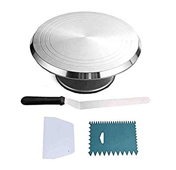 Cake Stand, Aluminum Cake Revolving Turnable 12'' Stand Cake decoration with Icing Spatula and Comb Icing Smoother, Baking Cake Decoration Supplies