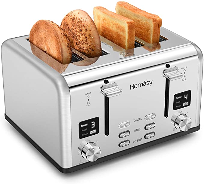 Homasy Toaster 4 Slice, Bagel Stainless Toaster with LCD Timer, Extra Wide Slots, Dual Screen, Removal Crumb Tray, Silver