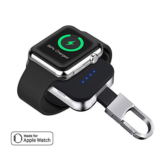 Portable Wireless Smart Watch Magnetic Charger with Built in 950 mAh Power Supply for All iWatch Series 4 3 2 1 Nike,Pocket Sized Key Ring Design with Micro USB Cable (Black)