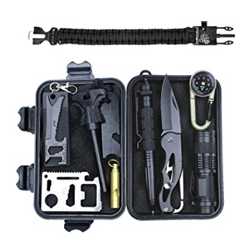 HSYTEK Emergency Survival Gear Kit 10 in 1, Outdoor Survival Tools Set with Flashlight, Fire Starter, Tactical Knife, Whistle, Compass for Hiking Camping Adventure Earthquake Overseas Living