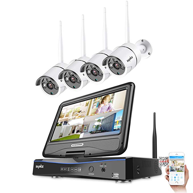 All in one with 10.1 inches Monitor Wireless Security Camera System, Home Business CCTV Surveillance 2.0MP NVR Kit, 4pcs 720P Indoor Outdoor Night Vision IP Camera, NO Hard Drive