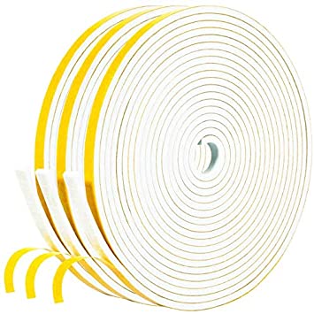 White Weather Stripping Window Seal- 3 Rolls, 1/4 Inch Wide X 1/8 Inch Thick, High Density Foam Sealing Strip Adhesive Foam Gasket Tape for Door Insulation, 15 Ft x 3, Total 45 Feet